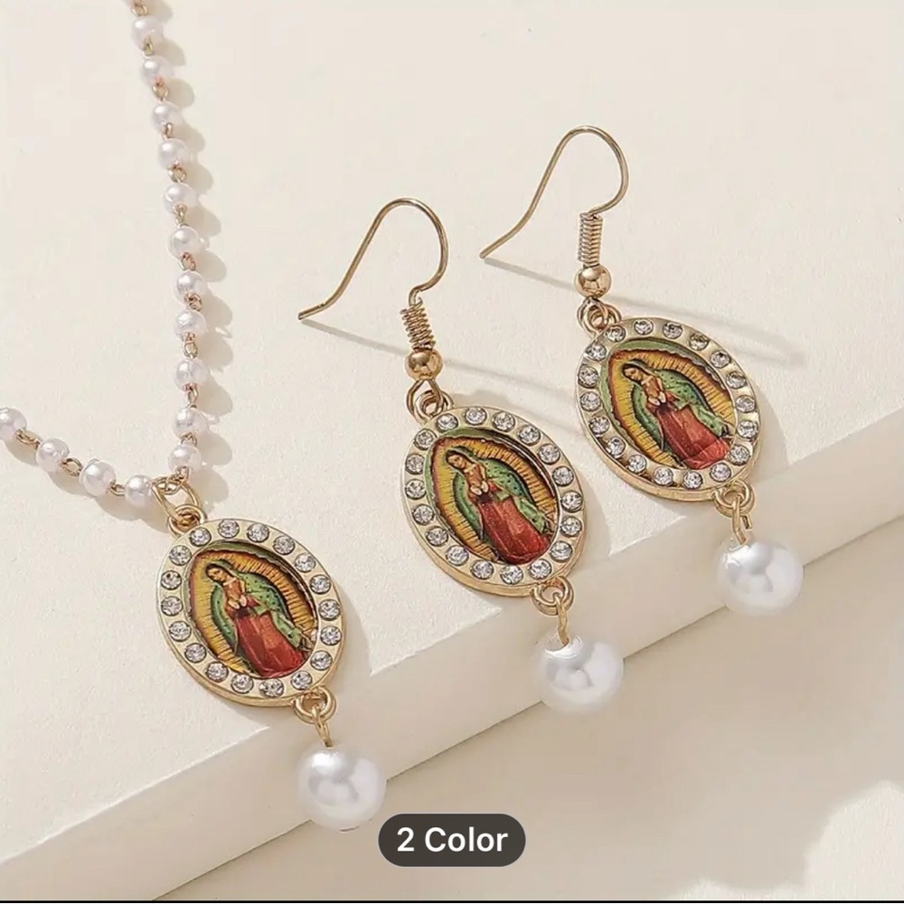 Virgen de Guadalupe Earrings and Necklace Set, so dainty and beautiful!